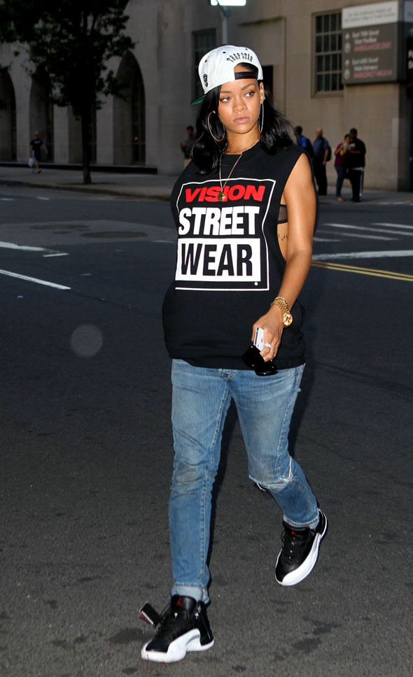 Rihanna in Trapstar London x Vision Street Wear x Jordan 12 SWGRUS